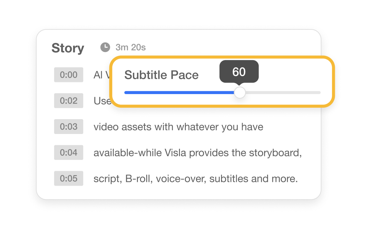 Subtitle pacing control feature in Visla, allowing users to adjust how fast subtitles appear in each video.